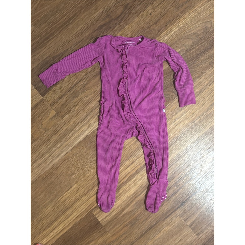 Posh Peanut Baby Girls 6-9 Months Fuchsia Ribbed Ruffle Bum Footed Sleeper Pjs